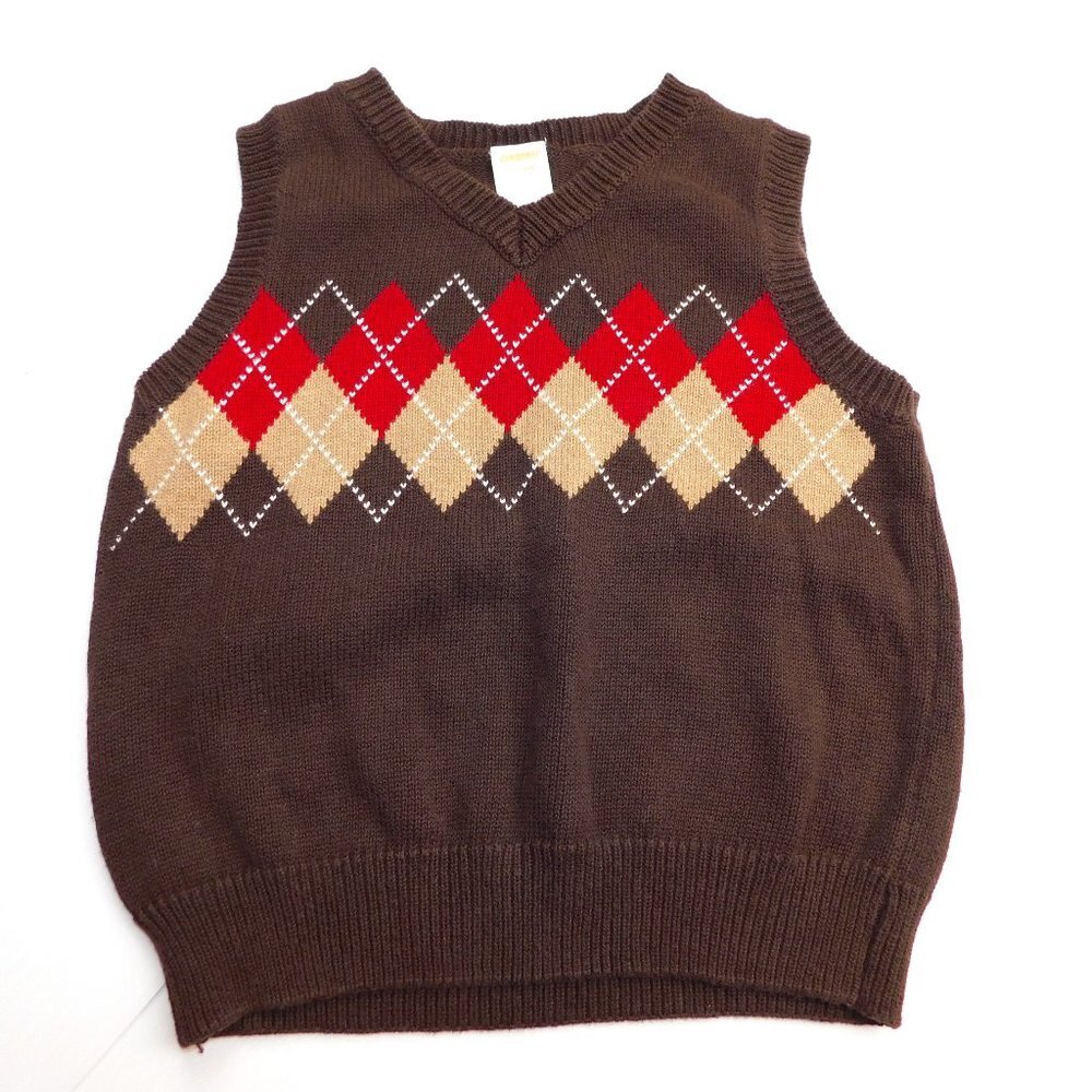 Gymboree Brown Red Tan Knit Pullover Argyle Sweater Vest Toddler XS ( 3T - 4T )